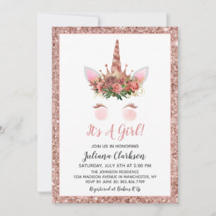 Roségold-Einhorn-Prinzessin-Baby-Party Einladung
