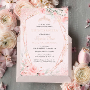 Roségold Florale Röte Rosa Schmetterling Quinceane Folieneinladung