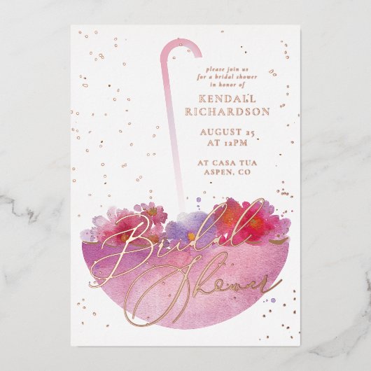 RoseGold Foil Floral Umbrella Brautparty laden Folieneinladung (Vorderseite)