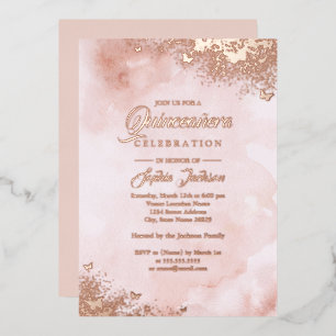 ROSÉGOLD-FOLIE Pinker Pfirsich-Schmetterling Quinc Folieneinladung