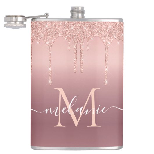 Roségold funkelnde Flasche personalisiert Name Buc Flachmann (Geöffnet)