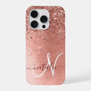 Roségold gebürstetes Metall Glitter Monogramm Name iPhone 15 Pro Hülle