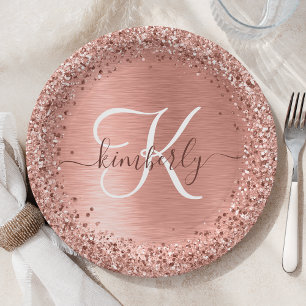Roségold gebürstetes Metall-Glitter-Monogramm-Name Pappteller