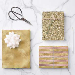 Roségold Glam Glitzer Streifen Glitter Geschenkpapier Set