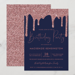Roségold glänzende Glitter-Tropfen Navyblau Geburt Einladung