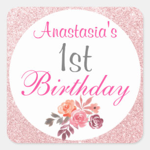 Roségold Glitter Blumen 1. Geburtstag Erröten Quadratischer Aufkleber