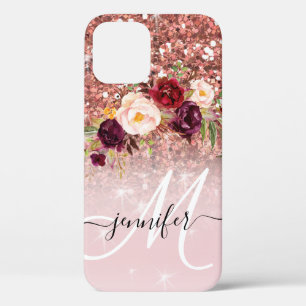 Roségold Glitter Blumen Monogramm Name Case-Mate iPhone Hülle