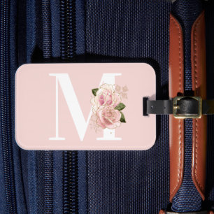 Roségold Glitter Blumenrosa und Weiß Monogramm Gepäckanhänger