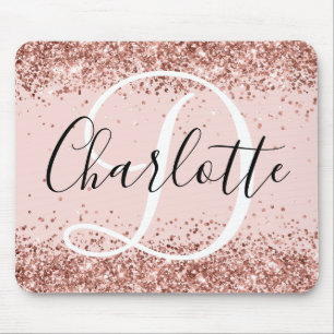 Roségold Glitter Blush Schwarz-Weiß-Monogramm Mousepad