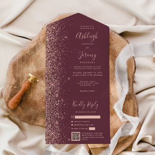 Roségold Glitter Burgunder QR-Code Hochzeit All In One Einladung