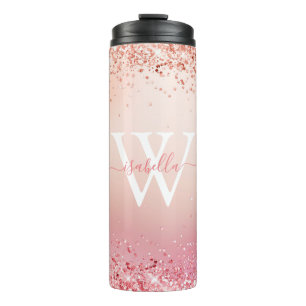 Roségold Glitter Elegantes Monogramm Thermosbecher