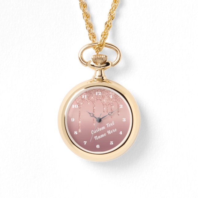 Roségold Glitter Funkel Uhr Personalisierter Text (Vorderseite)