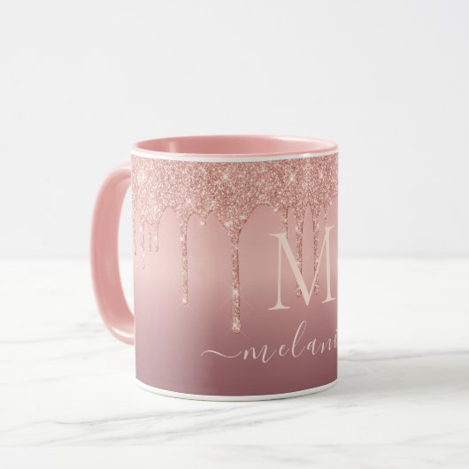 Roségold Glitter Kaffeetasse Dein Name und Buchsta (Vorderseite Links)