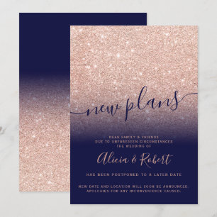 Roségold Glitter Navy Blau verschoben neue Pläne Einladung