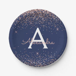 Roségold Glitter Navyblau Monogramm Geburtstag Pappteller