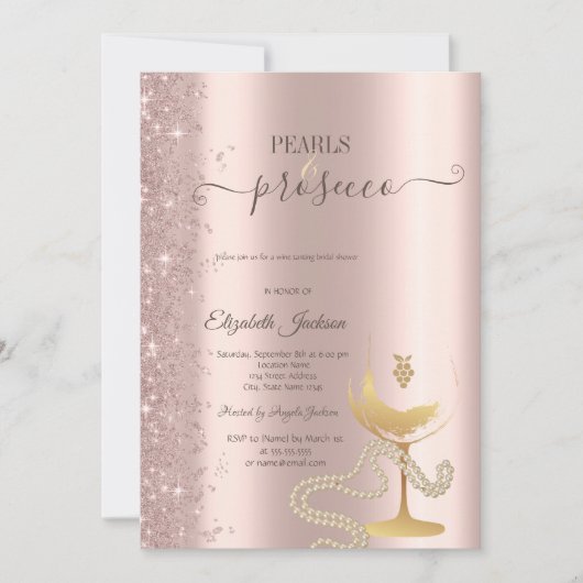 Roségold Glitter Perlen Weinglas Brautdusche Einladung (Vorderseite)