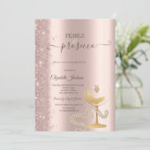 Roségold Glitter Perlen Weinglas Brautdusche Einladung (Stehend Vorderseite)