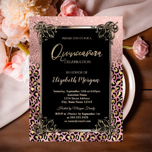 Roségold Glitter-Rahmen Leopard Quinceañera Einladung
