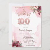 Roségold Glitter Rosen Krone 100. Geburtstag Einladung (Vorderseite)