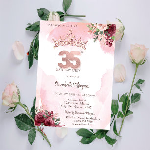 Roségold Glitter Rosen Krone 35. Geburtstag Einladung