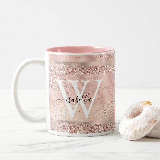Roségold Glitter-Schriftmonogramm Zweifarbige Tasse (Mit Donut)