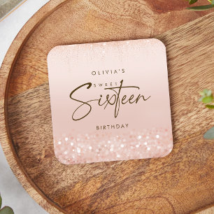 Roségold-Glitter-Sweet-16-Birthdayparty Rechteckiger Pappuntersetzer