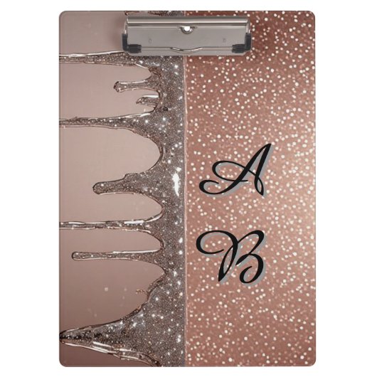 Roségold Glitter-Tropf Custom Name Monogramm Klemmbrett (Vorderseite)