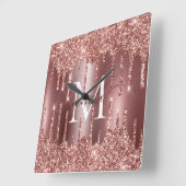 Roségold Glitter-Tropfen Monogramm personalisiert Quadratische Wanduhr (Winkel)