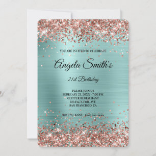 Roségold Glitter Türkis Folie Fancy Monogramm Einladung