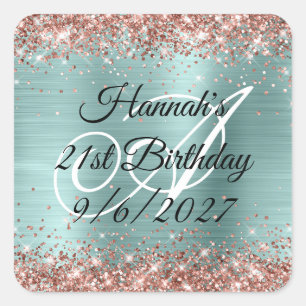 Roségold Glitter Türkis Folie Monogramm 21. Geburt Quadratischer Aufkleber