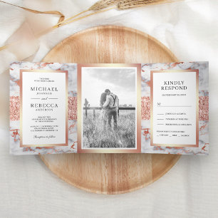 Roségold Glitter Weißer Marmor Foto Hochzeit Dreifach Gefaltete Einladung