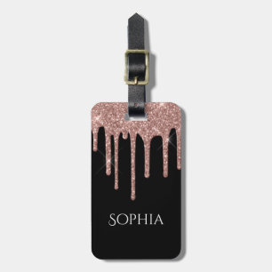 Roségold Glittertropfen, Name & Info auf Schwarz Gepäckanhänger
