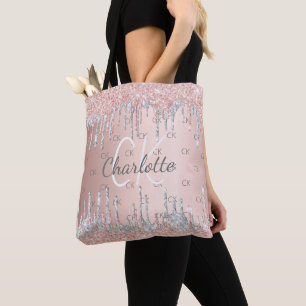 Roségold Glittertropfen silbernes Monogramm elegan Tasche