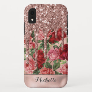 Roségold Glittertropfen Vintage-Rosen-Blumen-Name Case-Mate iPhone Hülle