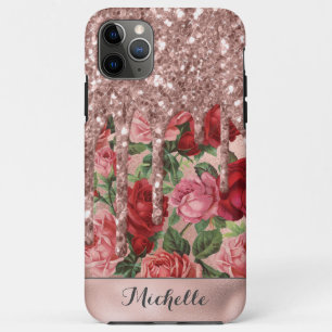 Roségold Glittertropfen Vintage-Rosen-Blumen-Name Case-Mate iPhone Hülle