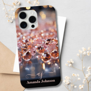 Roségold-glitzer mit Monogramm und Edelsteinen in iPhone 15 Pro Max Hülle