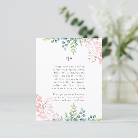 Rosegold Greenery Wedding Reception Program (Stehend Vorderseite)