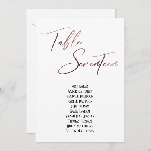 Rosegold Handwriting Table Siebzehn Sitze Chart (Vorne/Hinten)