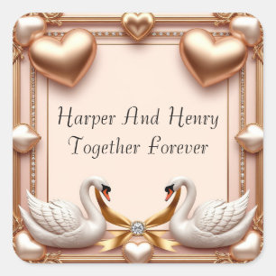 Roségold-Hochzeitsschwäne mit Ringen Quadratischer Aufkleber