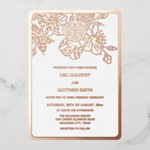 Roségold-Kirschblüten-chinesische Hochzeit Folieneinladung