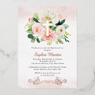 Roségold-Kreuz-Blumen Mädchen Rosa Taufe  Folieneinladung