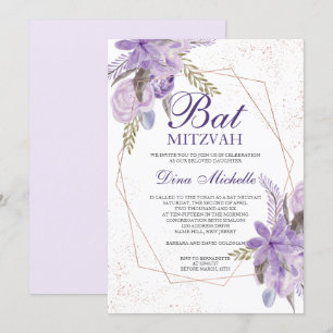 Roségold lila florale Wasserfarbe Bat Mitzwa Einladung