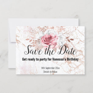 ROSÉGOLD-MARMOR-BLÜTEN-ROSA SAVE THE DATE RSVP KARTE