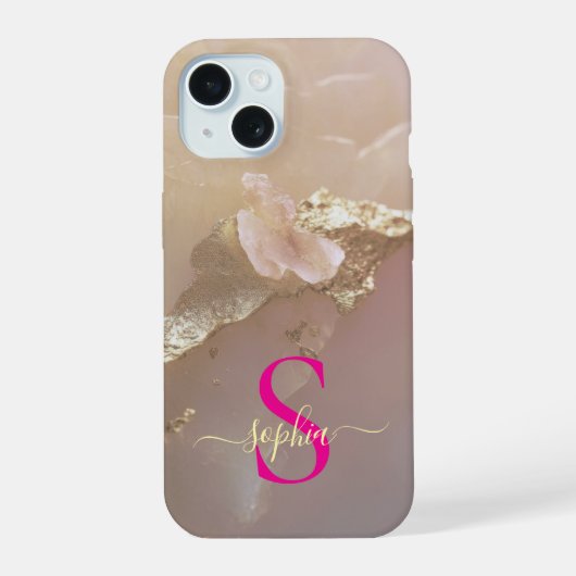 Roségold-Marmor-Gold-Glitter-Monogramm iPhone 15 Hülle (Rückseite)