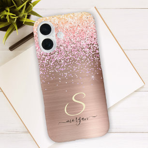 Roségold-Metall, Glitter, Schriftname und Initiale iPhone 16 Hülle