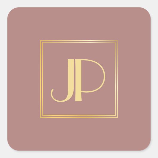 Rosegold Modern Gold Look Monogram Template Quadratischer Aufkleber (Vorderseite)