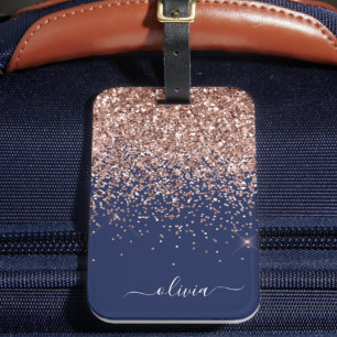 Roségold Navy Blau Glitzer Monogramm Gepäckanhänger