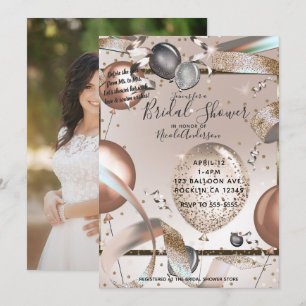 Roségold Pink Glitter Ballon Brautparty Foto Einladung