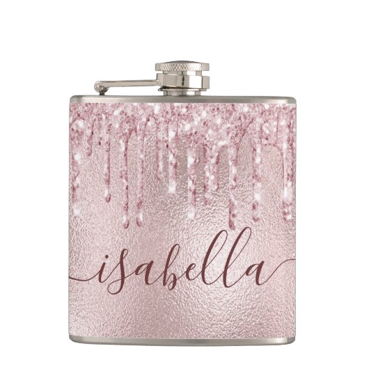 Roségold-pink-glitzer-tropfen-monogramm-schrift Flachmann (Vorderseite)