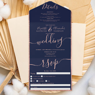 Roségold-Rand navyblaue Schrift Hochzeit  All In One Einladung